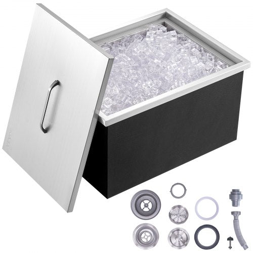 Drop in Ice Chest, 51 cm L x 36 cm W x 30.5 cm H Stainless Steel Ice Cooler, Commercial Ice Bin with Cover, 37.9 L Outdoor Kitchen Ice Bar, Drain-pipe and Drain Plug Included, for Cold Wine Beer