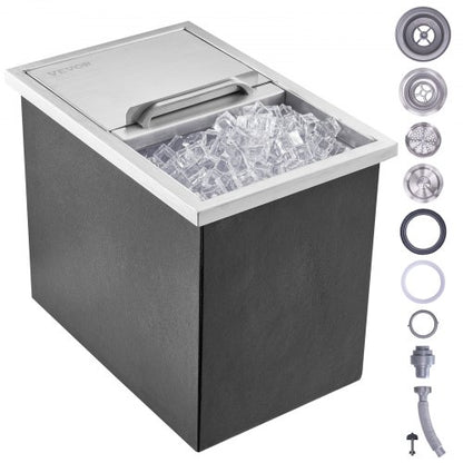 Drop in Ice Chest, 46 cm L x 30.5 cm W x 36.8 cm H Stainless Steel Ice Cooler, Commercial Ice Bin with Sliding Cover, 38.7 L Outdoor Kitchen Ice Bar, Drain-pipe and Drain Plug Included, for Cold Wine Beer