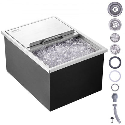 Drop in Ice Chest, 61 cm L x 46 cm W x 33 cm H Stainless Steel Ice Cooler, Commercial Ice Bin with Sliding Cover, 38.7 L Outdoor Kitchen Ice Bar, Drain-pipe and Drain Plug Included, for Cold Wine Beer