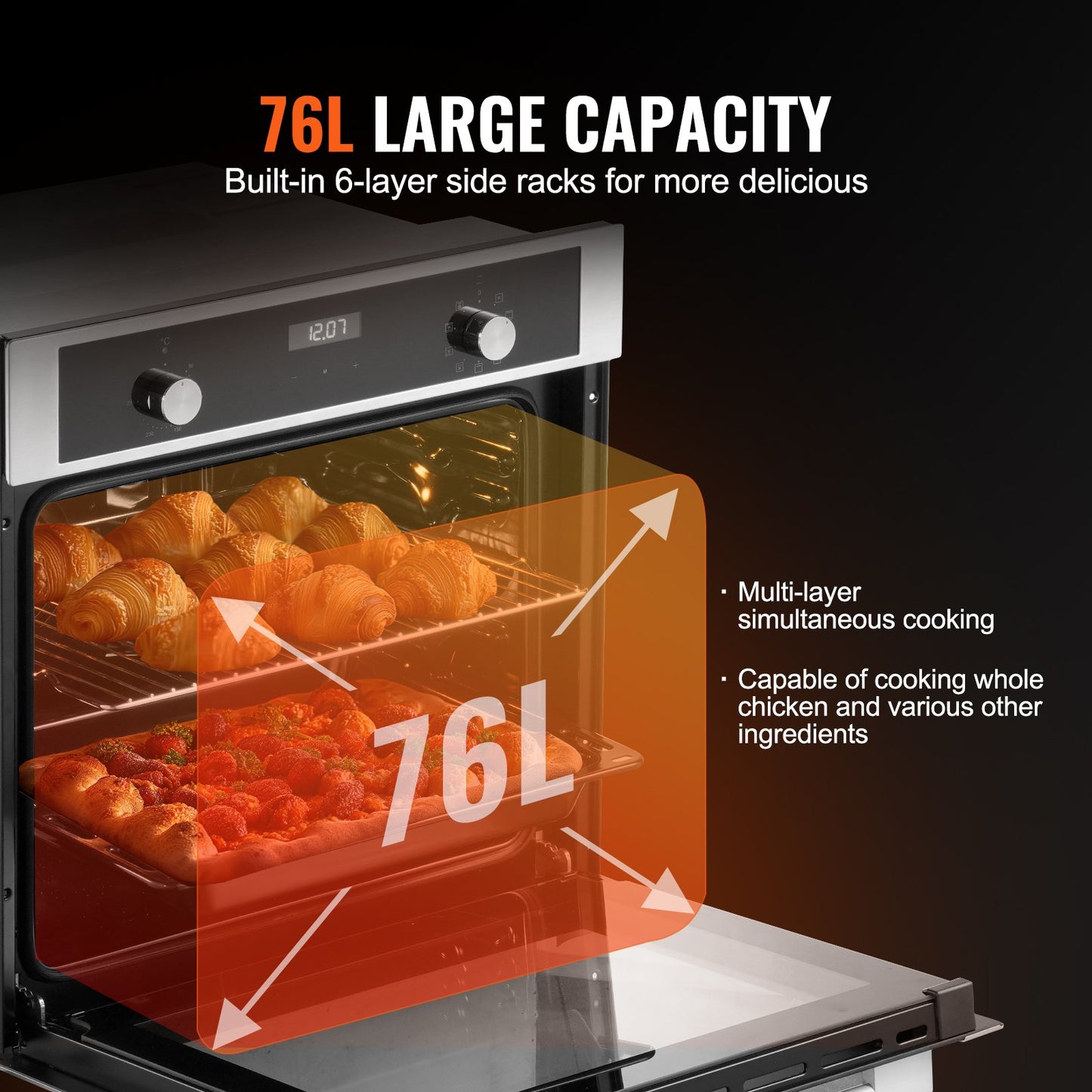 Single Wall Oven, 24" Electric Built-in Wall Oven with 9 Cooking Functions, 2.68 Cu.Ft Electric Wall Ovens, Rapid heating to 200°C in 5min, 3550W Electric Oven with Baking Rack and Tray, Kitchen