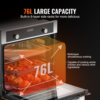 Single Wall Oven, 24" Electric Built-in Wall Oven with 9 Cooking Functions, 2.68 Cu.Ft Electric Wall Ovens, Rapid heating to 200°C in 5min, 3550W Electric Oven with Baking Rack and Tray, Kitchen