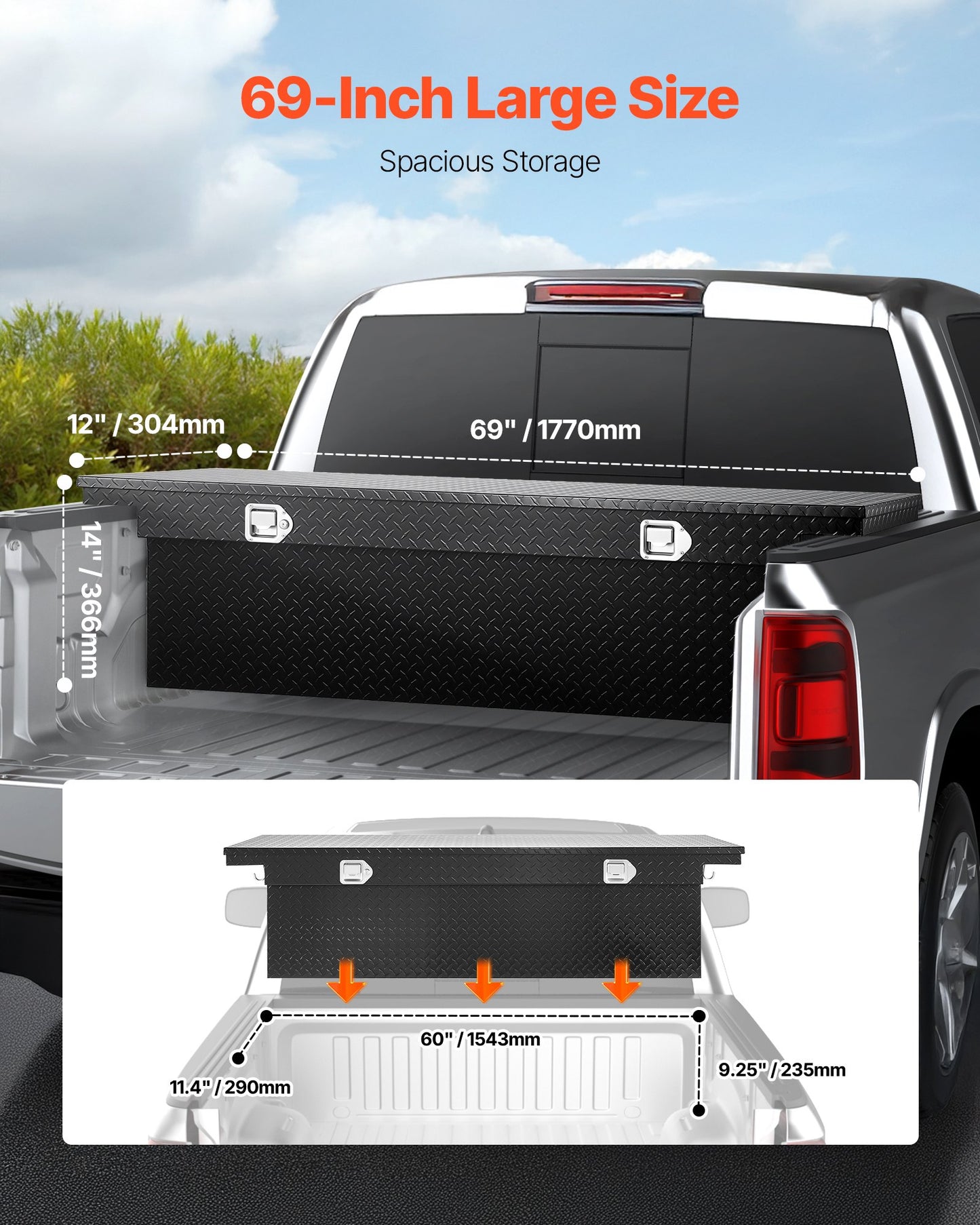 Crossover Truck Tool Box, 69x12x14 In, Heavy Duty Aluminum Toolbox with Diamond Texture, Pick Up Truck Bed RV Trailer Toolbox, Waterproof Storage Organizer with Lock, Keys, Side Handles, Black