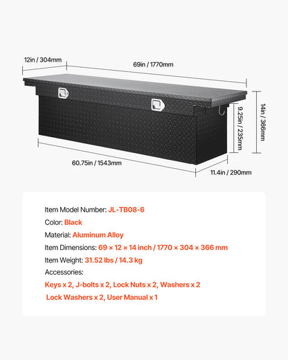 Crossover Truck Tool Box, 69x12x14 In, Heavy Duty Aluminum Toolbox with Diamond Texture, Pick Up Truck Bed RV Trailer Toolbox, Waterproof Storage Organizer with Lock, Keys, Side Handles, Black