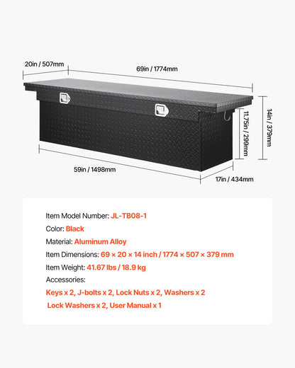 Crossover Truck Tool Box, 69x20x14 In, Heavy Duty Aluminum Toolbox with Diamond Texture, Pick Up Truck Bed RV Trailer Toolbox, Waterproof Storage Organizer with Lock, Keys, Side Handles, Black