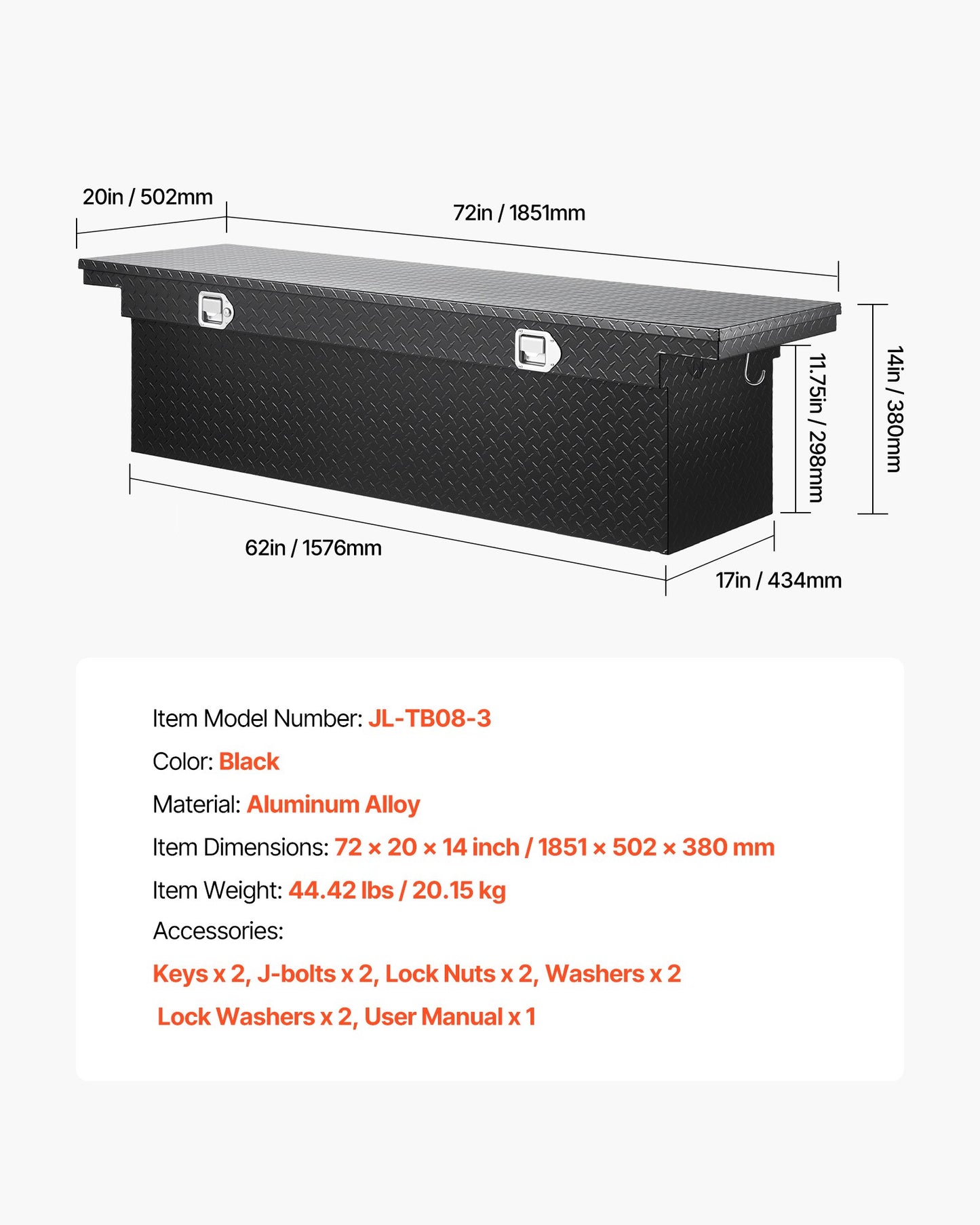 Crossover Truck Tool Box, 72x20x14 In, Heavy Duty Aluminum Toolbox with Diamond Texture, Pick Up Truck Bed RV Trailer Toolbox, Waterproof Storage Organizer with Lock, Keys, Side Handles, Black