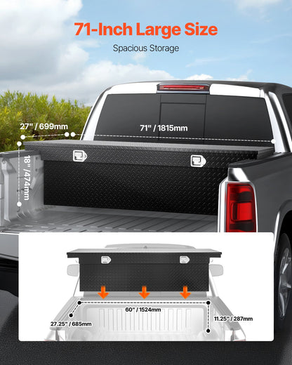 Crossover Truck Tool Box, 71x27x18 In, Heavy Duty Aluminum Toolbox with Diamond Texture, Pick Up Truck Bed RV Trailer Toolbox, Waterproof Storage Organizer with Lock, Keys, Side Handles, Black
