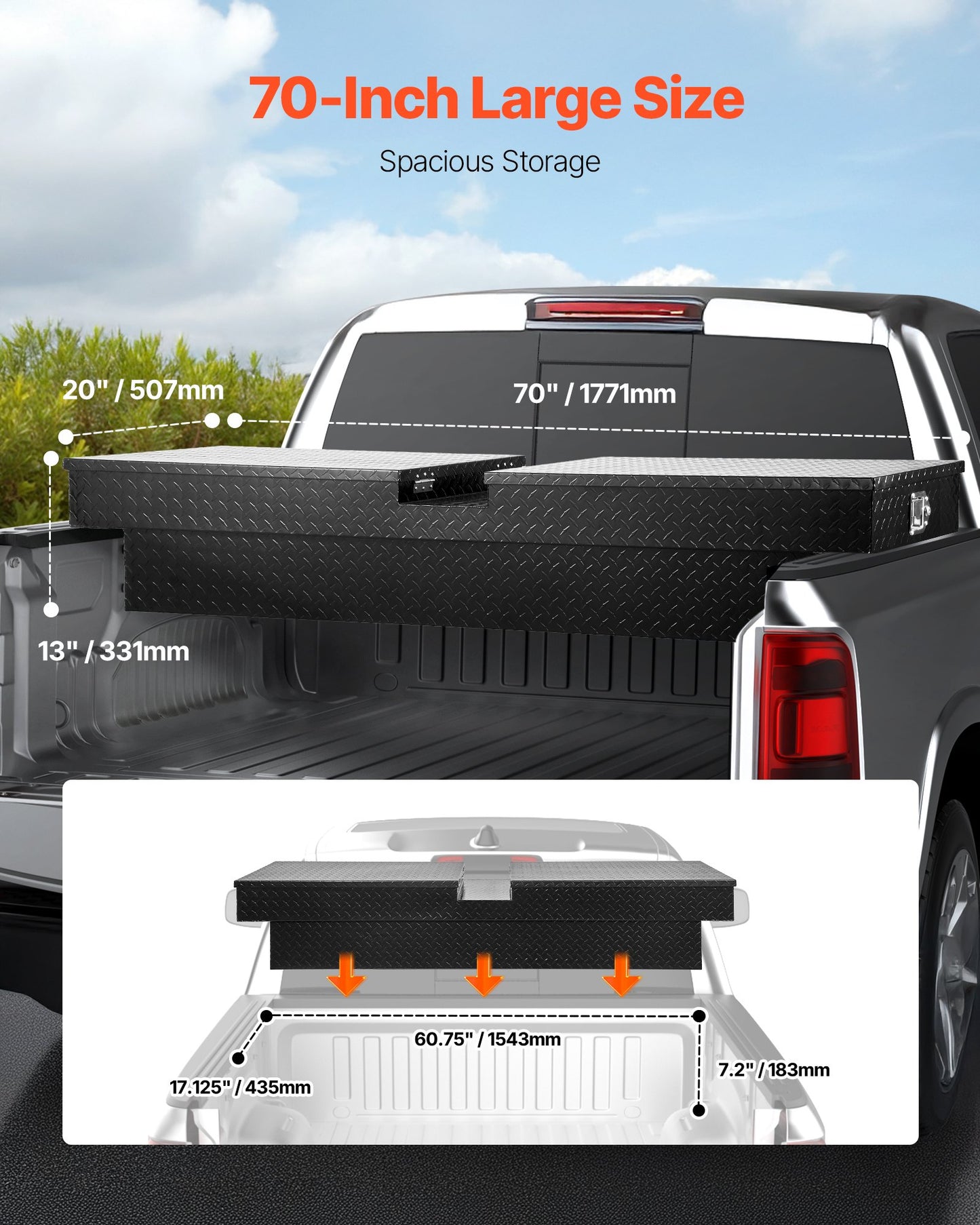 Crossover Truck Tool Box, 70x20x13 In, Heavy Duty Aluminum Toolbox with Diamond Texture, Pick Up Truck Bed RV Trailer Toolbox, Waterproof Storage Organizer with Lock, Keys, Side Handles, Black