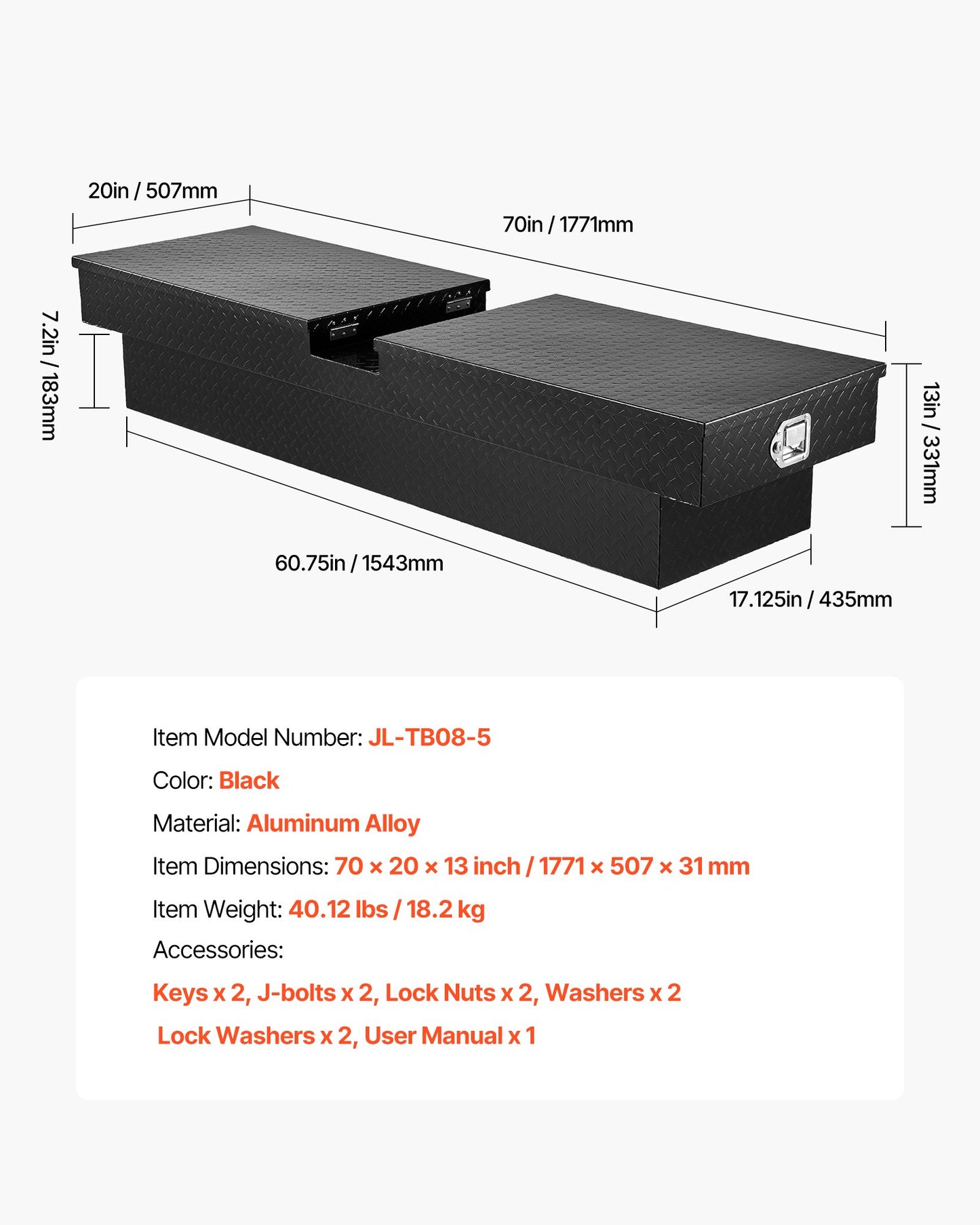 Crossover Truck Tool Box, 70x20x13 In, Heavy Duty Aluminum Toolbox with Diamond Texture, Pick Up Truck Bed RV Trailer Toolbox, Waterproof Storage Organizer with Lock, Keys, Side Handles, Black
