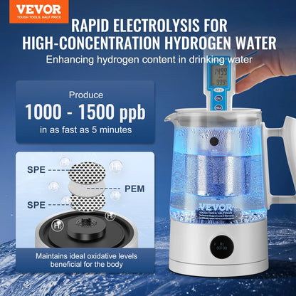 Hydrogen Water Pitcher Generator, 1.5 L / 52.8 oz Large Capacity Hydrogen Generator Water Kettle, SPE and PEM Technology, Hydrogen Rich Water Ionizer Machine for Brewing Coffee or Tea