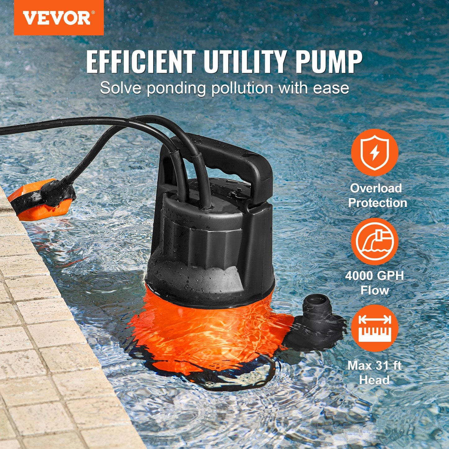 Submersible Utility Pump Sump Pump 700W 4148 GPH/15,700 LPH 33 ft/10 m Head Water Pump