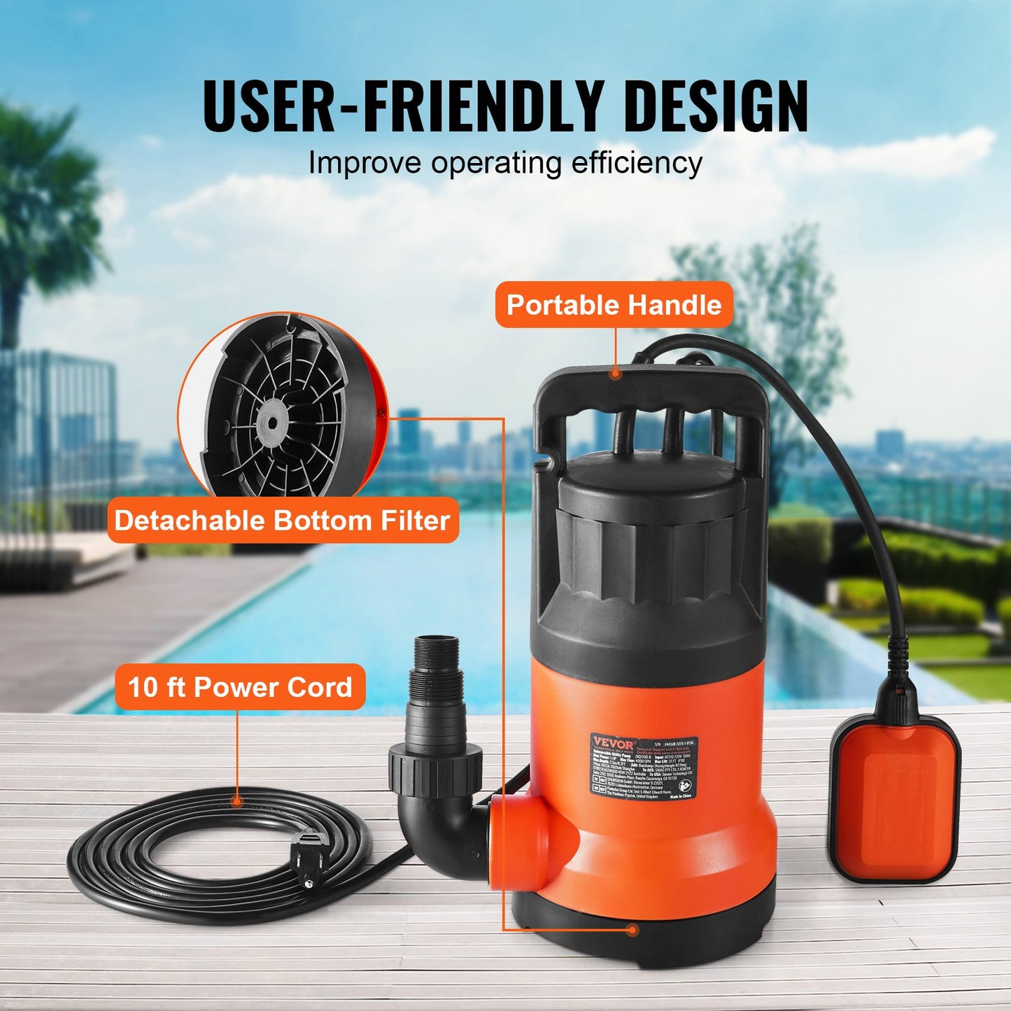 Submersible Utility Pump Sump Pump 700W 4148 GPH/15,700 LPH 33 ft/10 m Head Water Pump