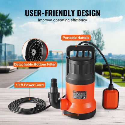 Submersible Utility Pump Sump Pump 700W 4148 GPH/15,700 LPH 33 ft/10 m Head Water Pump