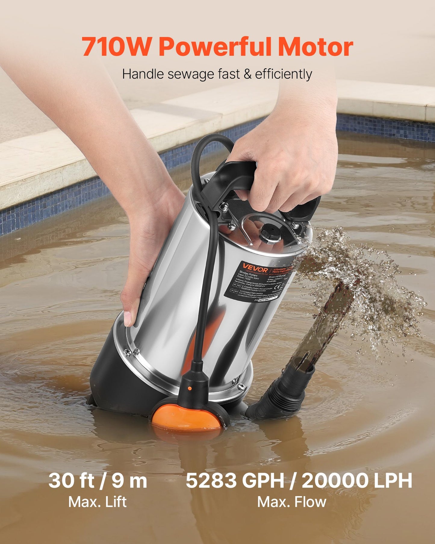 710W Submersible Sump Pump, 20000 L/H, Stainless Steel Submersible Sewage Dirty Clean Water Pump with Automatic Float Switch, Long Cord, 9M Max Lift, for Pools, Garden, Pond, Flooded Areas