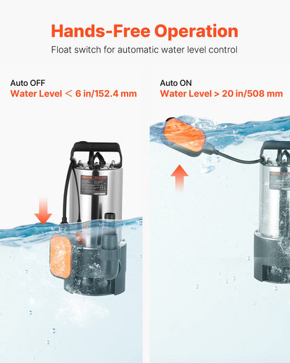 710W Submersible Sump Pump, 20000 L/H, Stainless Steel Submersible Sewage Dirty Clean Water Pump with Automatic Float Switch, Long Cord, 9M Max Lift, for Pools, Garden, Pond, Flooded Areas