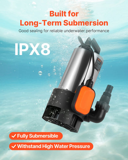 710W Submersible Sump Pump, 20000 L/H, Stainless Steel Submersible Sewage Dirty Clean Water Pump with Automatic Float Switch, Long Cord, 9M Max Lift, for Pools, Garden, Pond, Flooded Areas