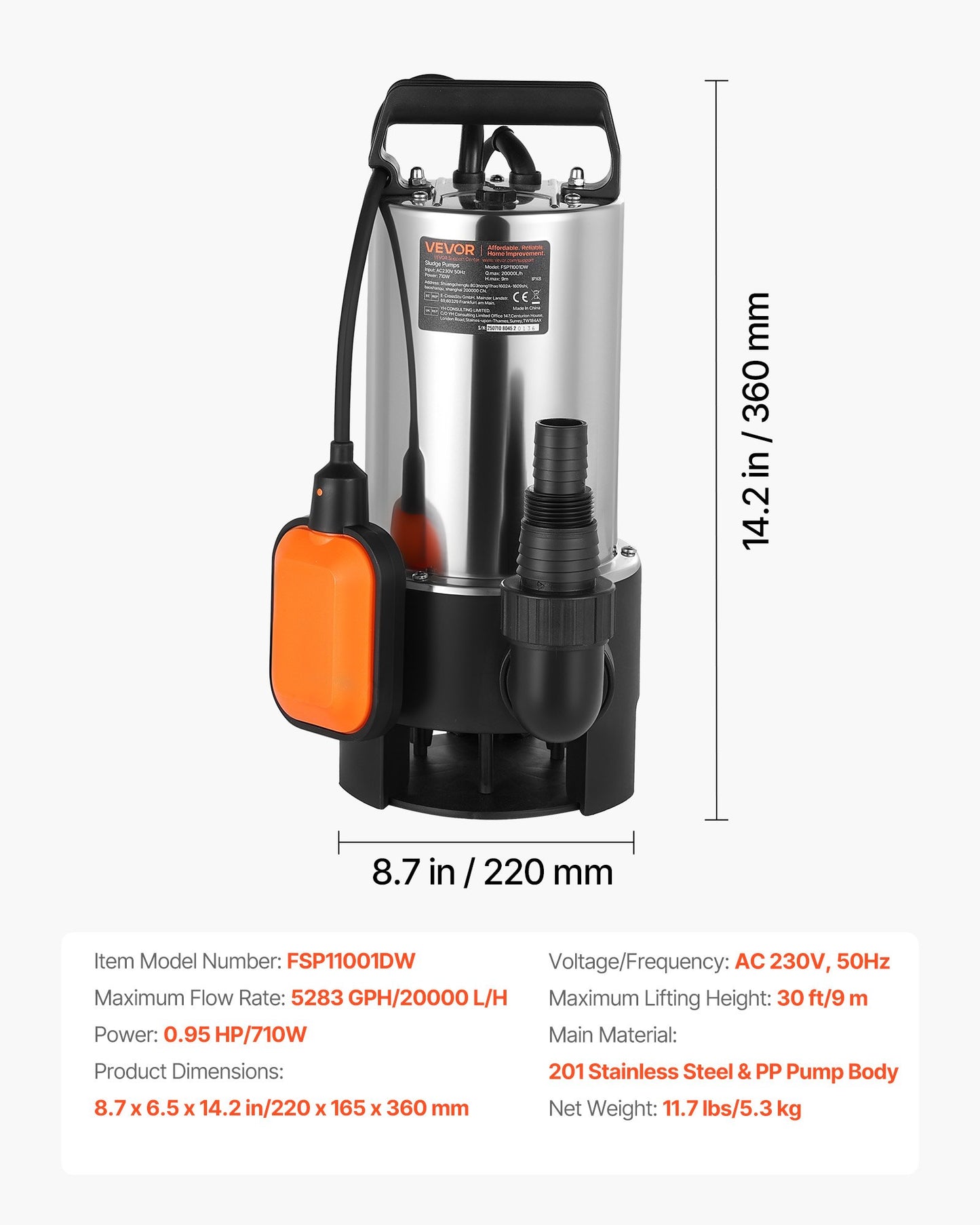 710W Submersible Sump Pump, 20000 L/H, Stainless Steel Submersible Sewage Dirty Clean Water Pump with Automatic Float Switch, Long Cord, 9M Max Lift, for Pools, Garden, Pond, Flooded Areas