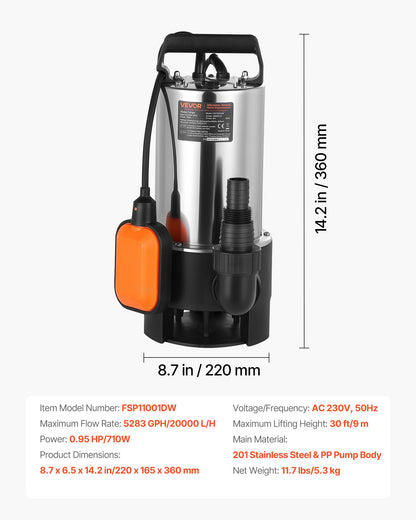 710W Submersible Sump Pump, 20000 L/H, Stainless Steel Submersible Sewage Dirty Clean Water Pump with Automatic Float Switch, Long Cord, 9M Max Lift, for Pools, Garden, Pond, Flooded Areas