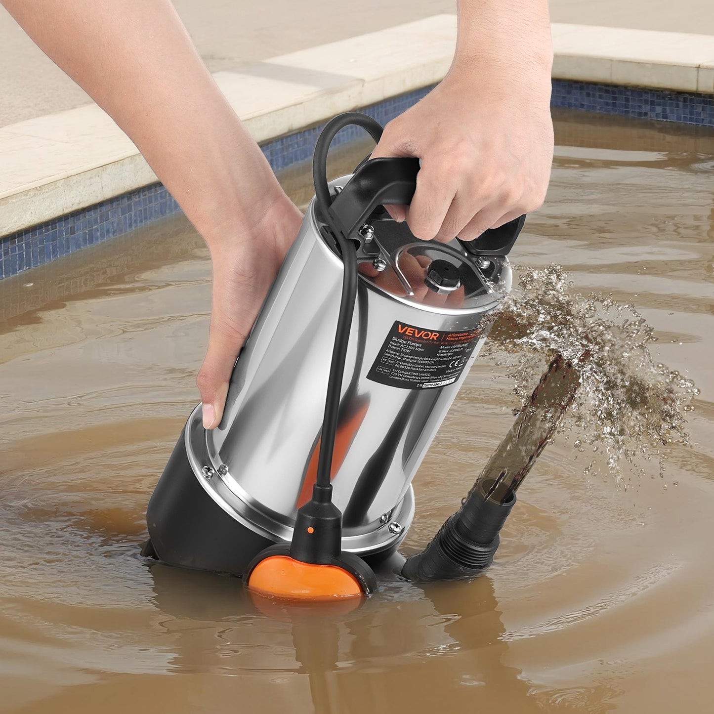 710W Submersible Sump Pump, 20000 L/H, Stainless Steel Submersible Sewage Dirty Clean Water Pump with Automatic Float Switch, Long Cord, 9M Max Lift, for Pools, Garden, Pond, Flooded Areas