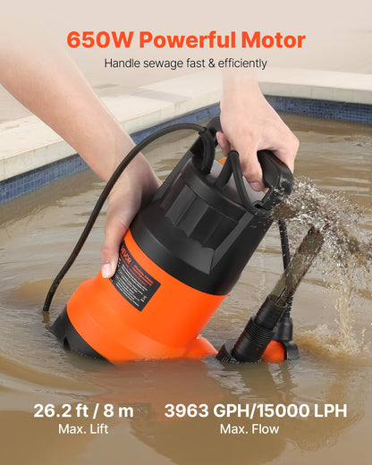 650W Submersible Sump Pump, 15000 L/H, PP-GF20 Submersible Sewage Dirty Clean Water Pump with Automatic Float Switch, Long Cord, 8M Max Lift, for Pools, Garden, Pond, Flooded Areas