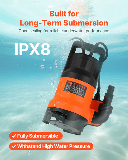 650W Submersible Sump Pump, 15000 L/H, PP-GF20 Submersible Sewage Dirty Clean Water Pump with Automatic Float Switch, Long Cord, 8M Max Lift, for Pools, Garden, Pond, Flooded Areas