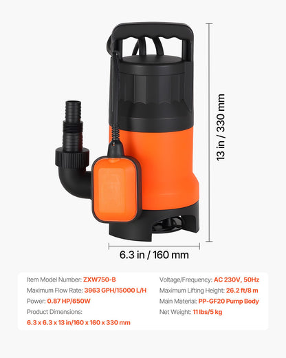 650W Submersible Sump Pump, 15000 L/H, PP-GF20 Submersible Sewage Dirty Clean Water Pump with Automatic Float Switch, Long Cord, 8M Max Lift, for Pools, Garden, Pond, Flooded Areas
