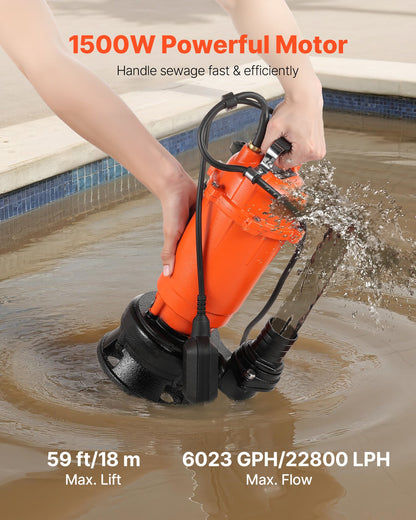 1500W Submersible Trash Pump, 22800 L/H, Cast Iron Submersible Sump Sewage Pump with Automatic Float Switch, 18M Max Lift, Draining Dirty Clean Water, for Pools, Garden, Pond, Flooded Areas