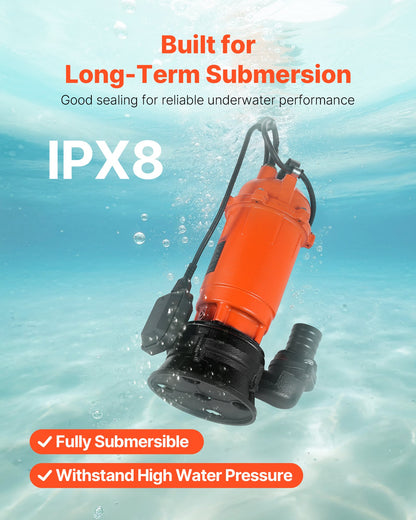 1500W Submersible Trash Pump, 22800 L/H, Cast Iron Submersible Sump Sewage Pump with Automatic Float Switch, 18M Max Lift, Draining Dirty Clean Water, for Pools, Garden, Pond, Flooded Areas