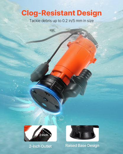 1500W Submersible Trash Pump, 22800 L/H, Cast Iron Submersible Sump Sewage Pump with Automatic Float Switch, 18M Max Lift, Draining Dirty Clean Water, for Pools, Garden, Pond, Flooded Areas