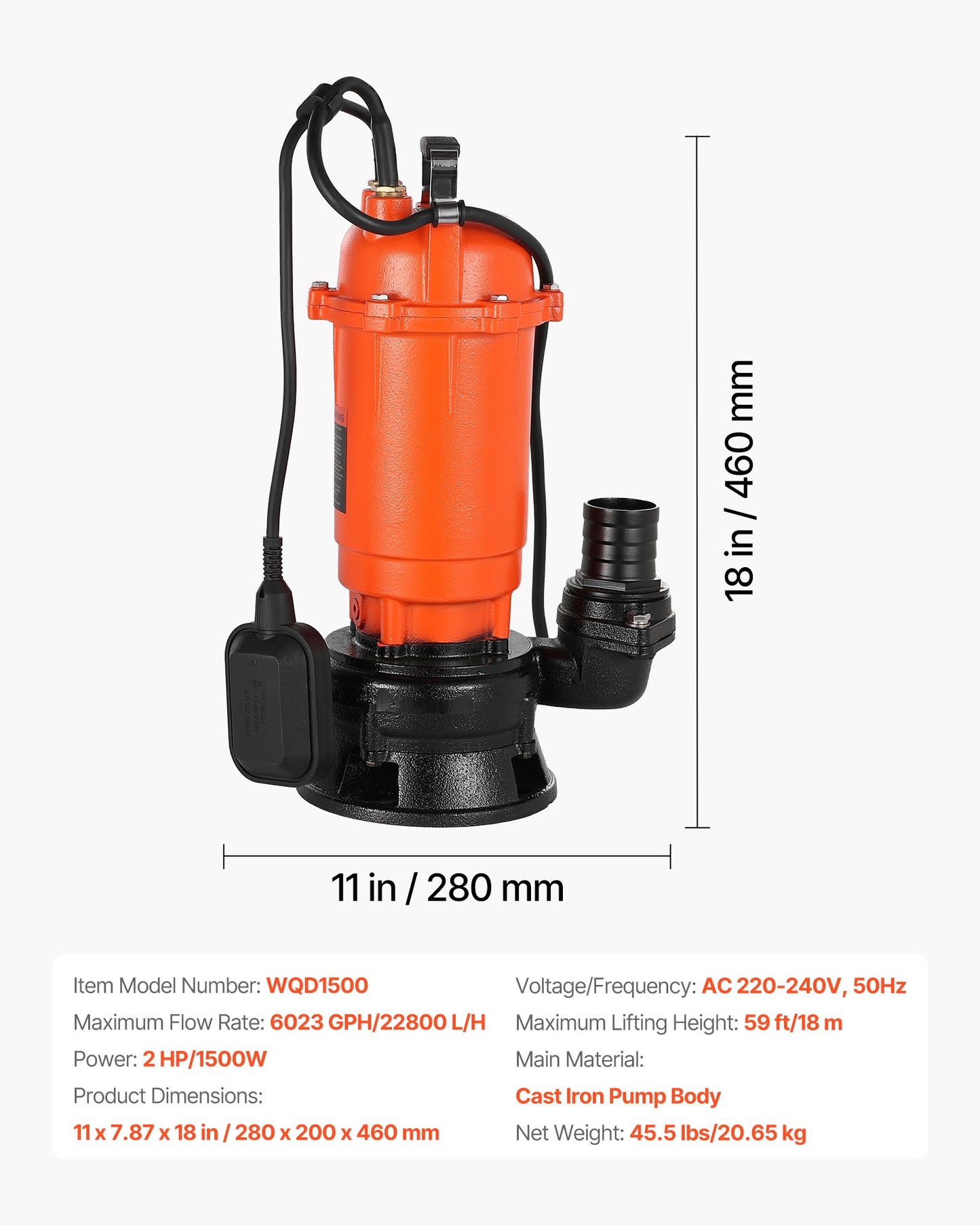 1500W Submersible Trash Pump, 22800 L/H, Cast Iron Submersible Sump Sewage Pump with Automatic Float Switch, 18M Max Lift, Draining Dirty Clean Water, for Pools, Garden, Pond, Flooded Areas