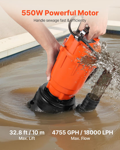 550W Submersible Trash Pump, 18000 L/H, Cast Iron Submersible Sump Sewage Pump with 2 in Discharge, 10M Max Lift, Draining Dirty Clean Water, for Pools, Garden, Pond, Basement, Flooded Areas