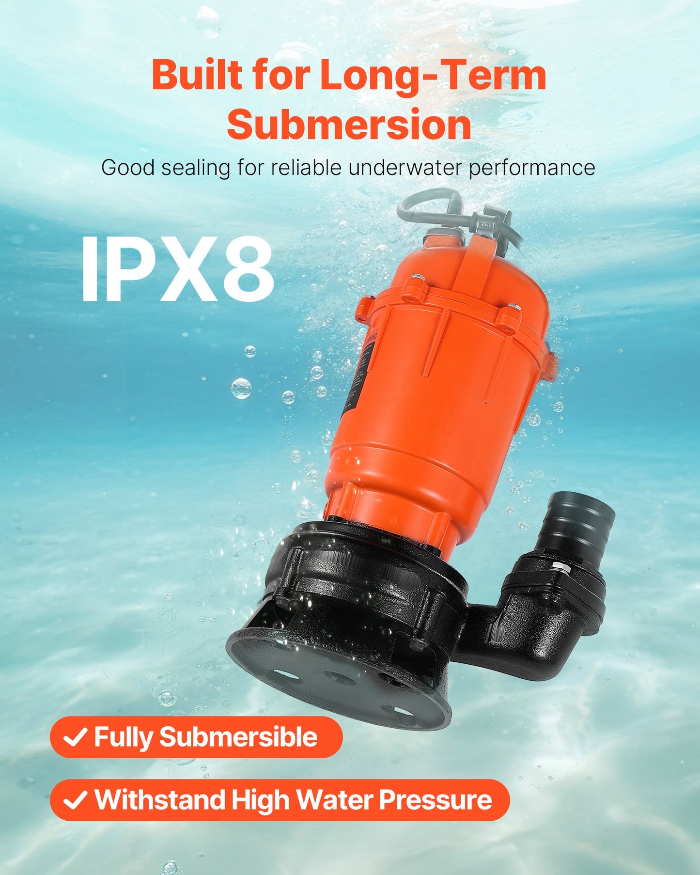 550W Submersible Trash Pump, 18000 L/H, Cast Iron Submersible Sump Sewage Pump with 2 in Discharge, 10M Max Lift, Draining Dirty Clean Water, for Pools, Garden, Pond, Basement, Flooded Areas