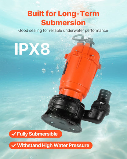 550W Submersible Trash Pump, 18000 L/H, Cast Iron Submersible Sump Sewage Pump with 2 in Discharge, 10M Max Lift, Draining Dirty Clean Water, for Pools, Garden, Pond, Basement, Flooded Areas