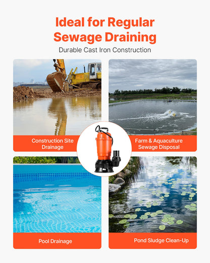 550W Submersible Trash Pump, 18000 L/H, Cast Iron Submersible Sump Sewage Pump with 2 in Discharge, 10M Max Lift, Draining Dirty Clean Water, for Pools, Garden, Pond, Basement, Flooded Areas
