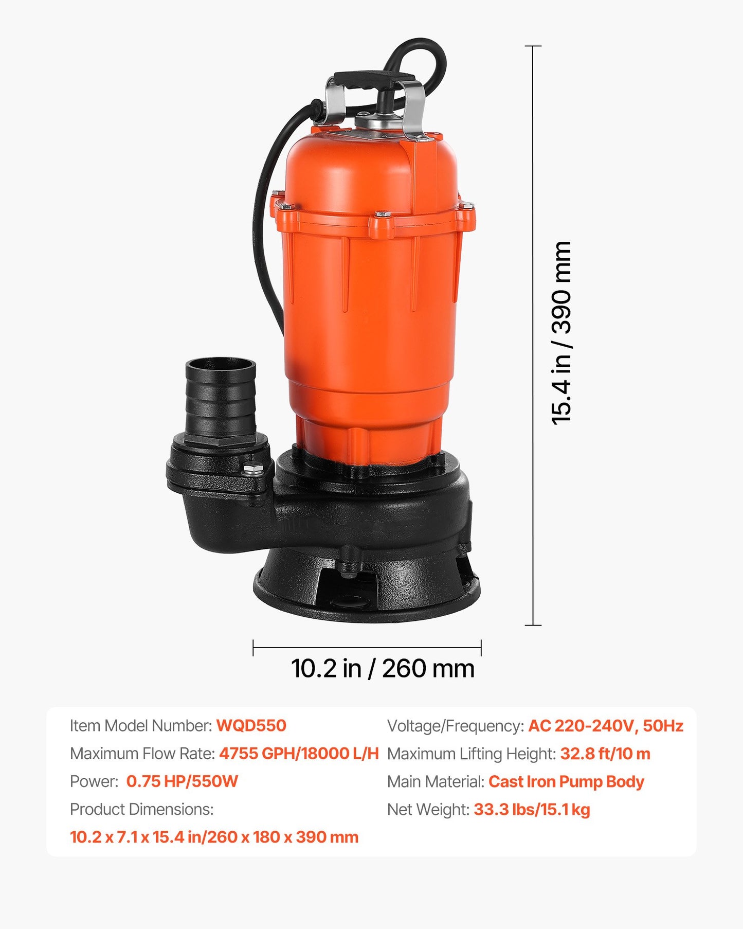 550W Submersible Trash Pump, 18000 L/H, Cast Iron Submersible Sump Sewage Pump with 2 in Discharge, 10M Max Lift, Draining Dirty Clean Water, for Pools, Garden, Pond, Basement, Flooded Areas