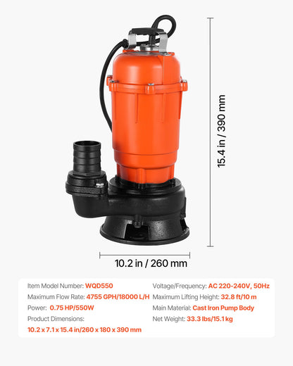 550W Submersible Trash Pump, 18000 L/H, Cast Iron Submersible Sump Sewage Pump with 2 in Discharge, 10M Max Lift, Draining Dirty Clean Water, for Pools, Garden, Pond, Basement, Flooded Areas