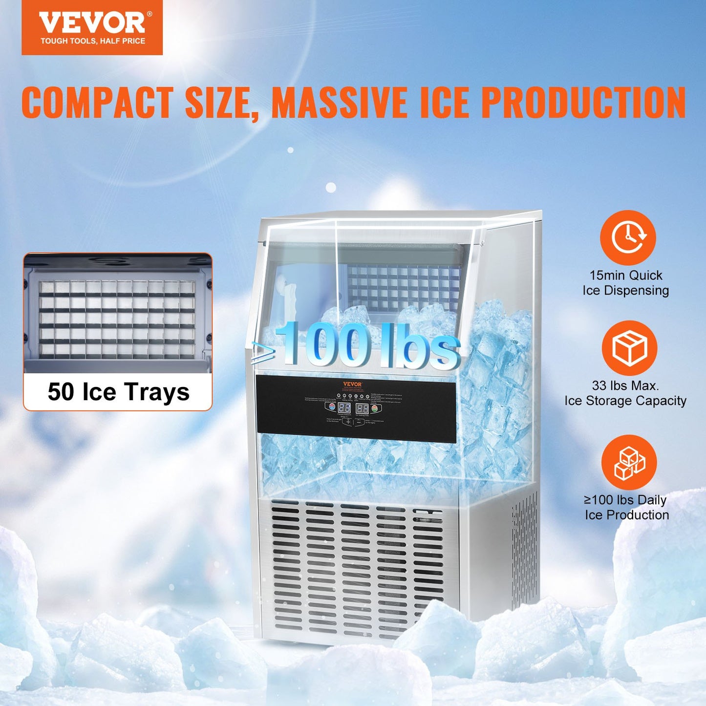 Commercial Ice Maker, 100lbs/24H, Ice Maker Machine, 50 Ice Cubes in 12-15 Minutes, Freestanding Cabinet Ice Maker with 33lbs Storage Capacity LED Digital Display, for Bar Home Office Restaurant