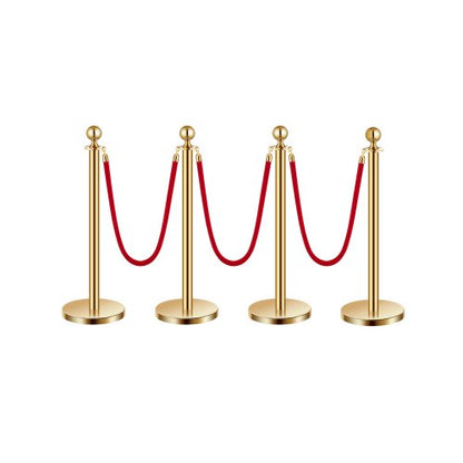 Stanchion Post, 4 Pcs Crowd Control Barrier Set with 3 Red Velvet Ropes, 5 ft Stainless Steel Gold Stanchion Post Queue with Sand Injection Hollow Base for Theater, Party, Wedding, Exhibition