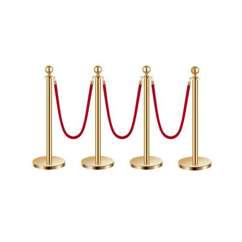 Stanchion Post, 4 Pcs Crowd Control Barrier Set with 3 Red Velvet Ropes, 5 ft Stainless Steel Gold Stanchion Post Queue with Sand Injection Hollow Base for Theater, Party, Wedding, Exhibition