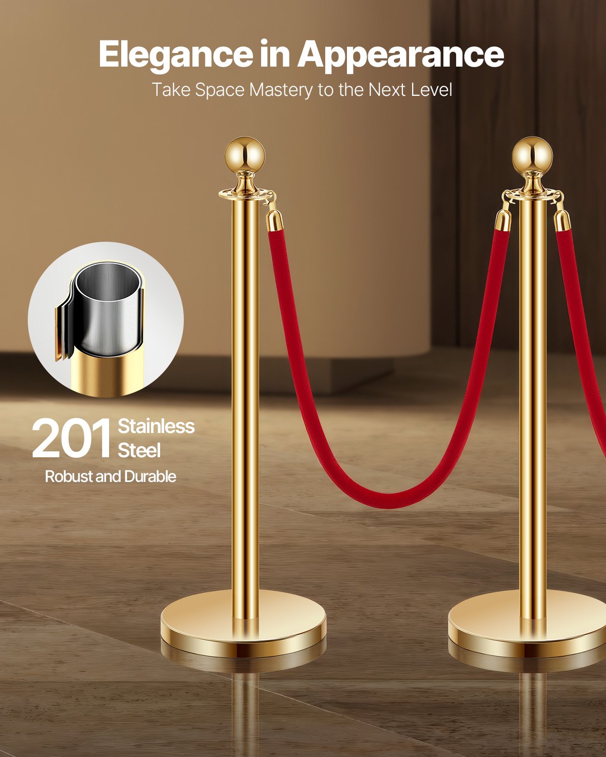 Stanchion Post, 4 Pcs Crowd Control Barrier Set with 3 Red Velvet Ropes, 5 ft Stainless Steel Gold Stanchion Post Queue with Sand Injection Hollow Base for Theater, Party, Wedding, Exhibition