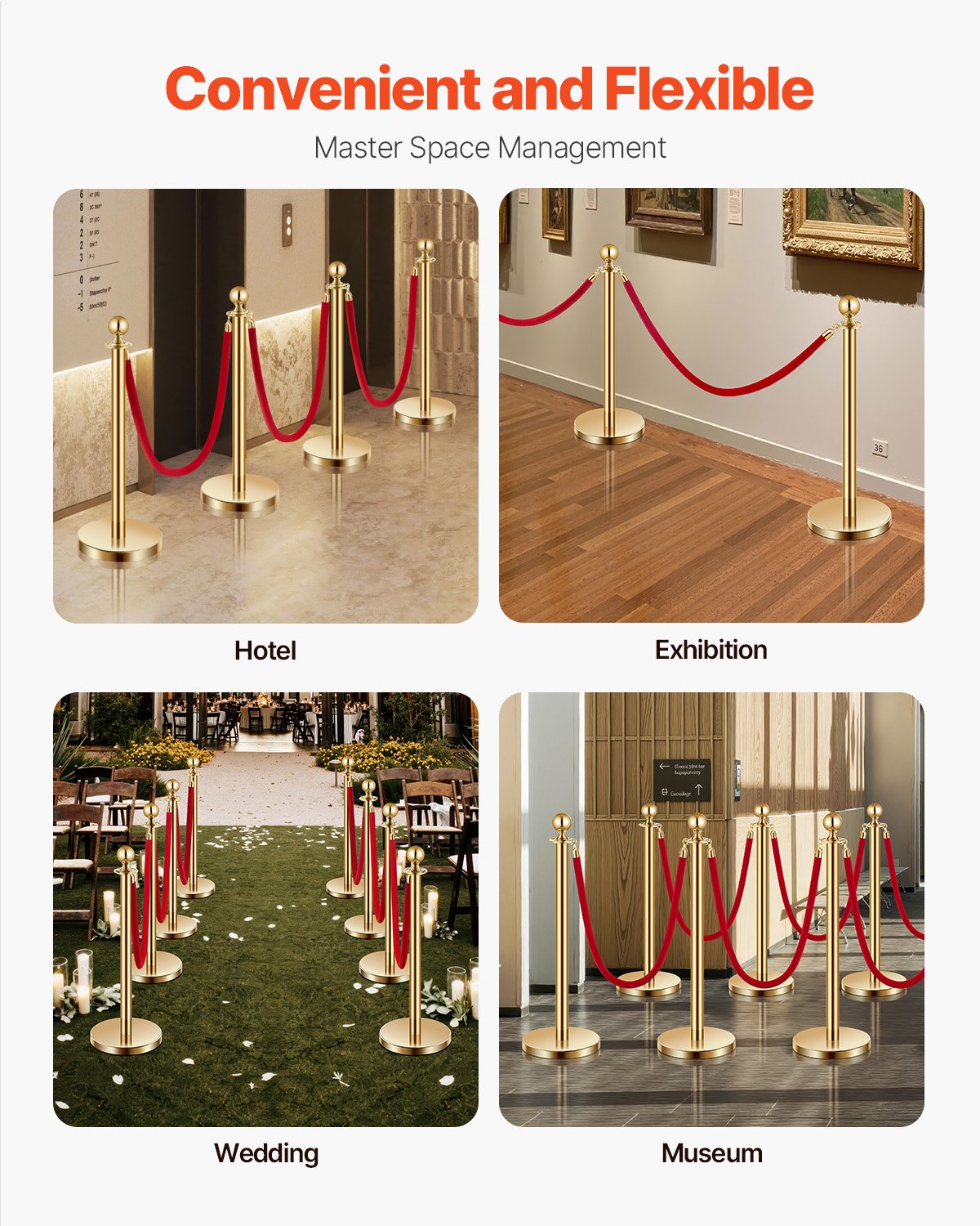 Stanchion Post, 4 Pcs Crowd Control Barrier Set with 3 Red Velvet Ropes, 5 ft Stainless Steel Gold Stanchion Post Queue with Sand Injection Hollow Base for Theater, Party, Wedding, Exhibition