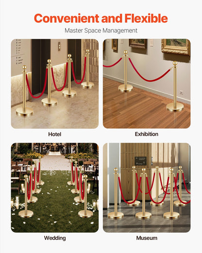 Stanchion Post, 4 Pcs Crowd Control Barrier Set with 3 Red Velvet Ropes, 5 ft Stainless Steel Gold Stanchion Post Queue with Sand Injection Hollow Base for Theater, Party, Wedding, Exhibition