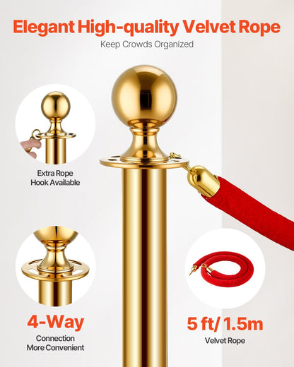 Stanchion Post, 4 Pcs Crowd Control Barrier Set with 3 Red Velvet Ropes, 5 ft Stainless Steel Gold Stanchion Post Queue with Sand Injection Hollow Base for Theater, Party, Wedding, Exhibition