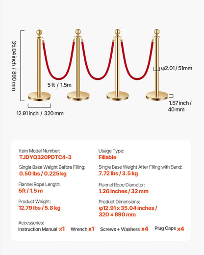 Stanchion Post, 4 Pcs Crowd Control Barrier Set with 3 Red Velvet Ropes, 5 ft Stainless Steel Gold Stanchion Post Queue with Sand Injection Hollow Base for Theater, Party, Wedding, Exhibition