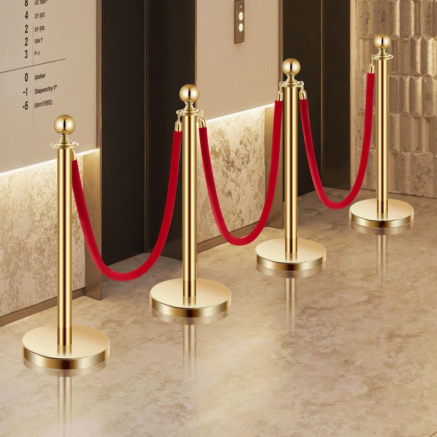 Stanchion Post, 4 Pcs Crowd Control Barrier Set with 3 Red Velvet Ropes, 5 ft Stainless Steel Gold Stanchion Post Queue with Sand Injection Hollow Base for Theater, Party, Wedding, Exhibition