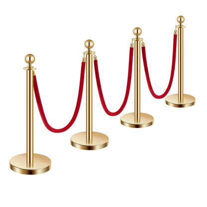 Stanchion Post, 4 Pcs Crowd Control Barrier Set with 3 Red Velvet Ropes, 5 ft Stainless Steel Gold Stanchion Post Queue with Sand Injection Hollow Base for Theater, Party, Wedding, Exhibition