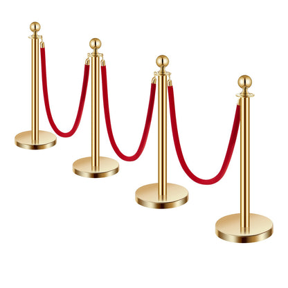 Stanchion Post, 4 Pcs Crowd Control Barrier Set with 3 Red Velvet Ropes, 5 ft Stainless Steel Gold Stanchion Post Queue with Sand Injection Hollow Base for Theater, Party, Wedding, Exhibition