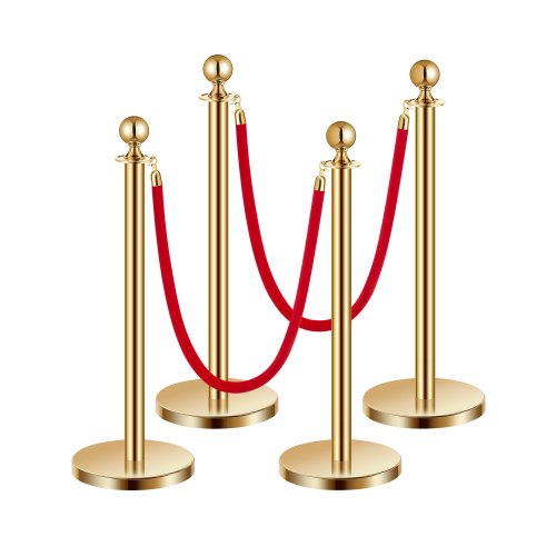 Stanchion Post, 4 Pcs Crowd Control Barrier Set with 2 Red Velvet Ropes, 5 ft Stainless Steel Gold Stanchion Post Queue with Sand Injection Hollow Base for Theater, Party, Wedding, Exhibition