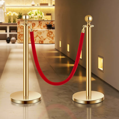 Stanchion Post, 4 Pcs Crowd Control Barrier Set with 2 Red Velvet Ropes, 5 ft Stainless Steel Gold Stanchion Post Queue with Sand Injection Hollow Base for Theater, Party, Wedding, Exhibition