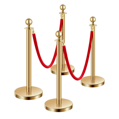 Stanchion Post, 4 Pcs Crowd Control Barrier Set with 2 Red Velvet Ropes, 5 ft Stainless Steel Gold Stanchion Post Queue with Sand Injection Hollow Base for Theater, Party, Wedding, Exhibition