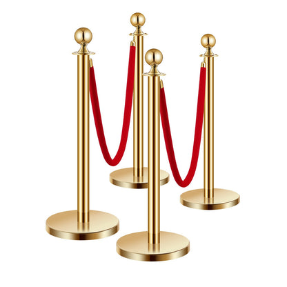 Stanchion Post, 4 Pcs Crowd Control Barrier Set with 2 Red Velvet Ropes, 5 ft Stainless Steel Gold Stanchion Post Queue with Sand Injection Hollow Base for Theater, Party, Wedding, Exhibition